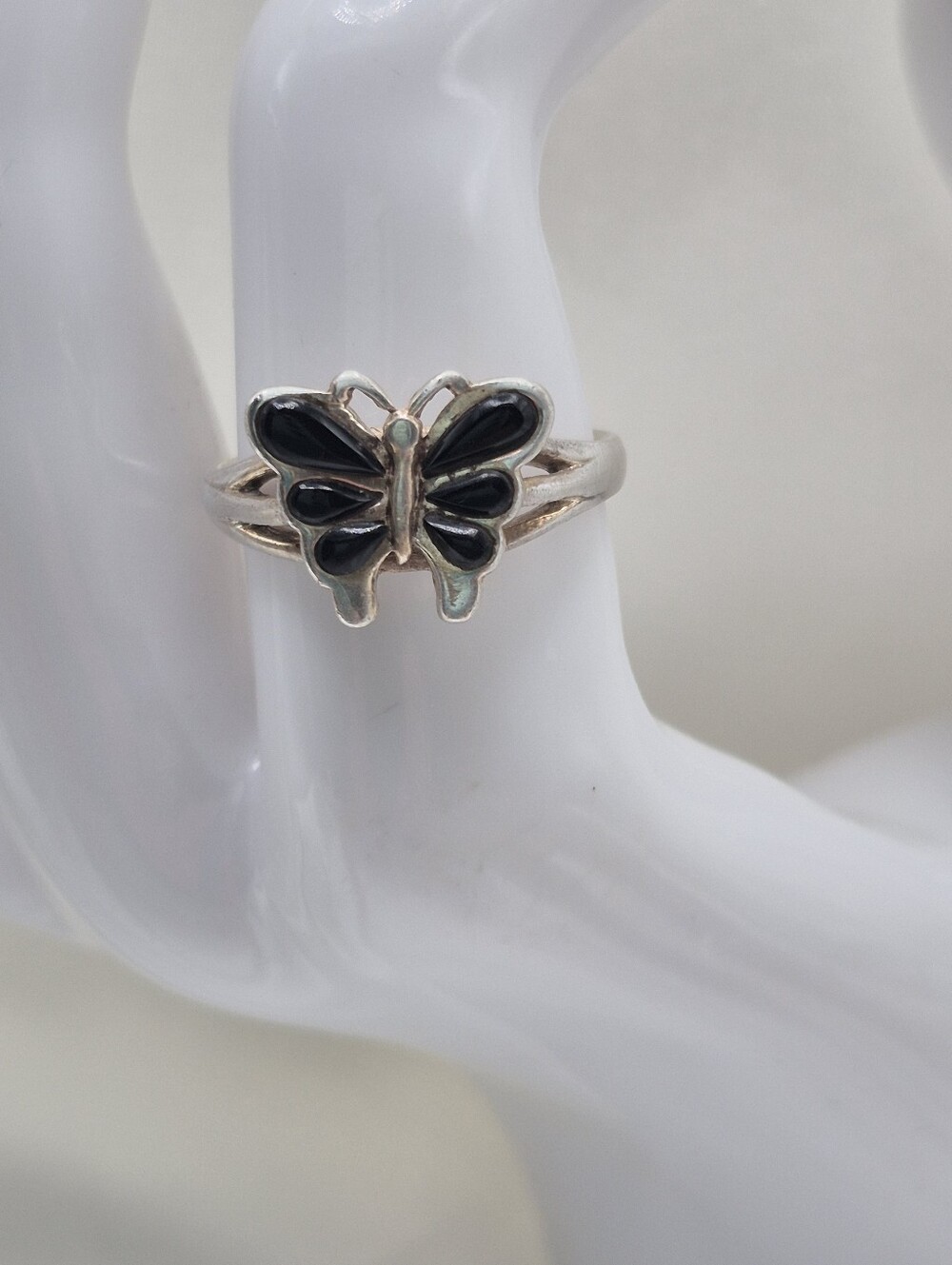 Zuni Native American Onyx & Sterling Silver Black Butterfly Ring. Size 7